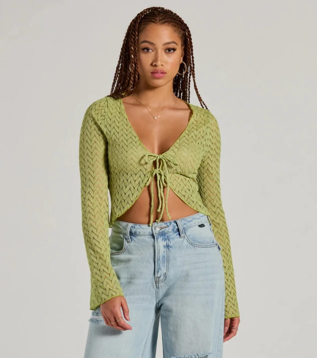 Shop Honey Tie-Front Crochet Crop Sweater by Cabana