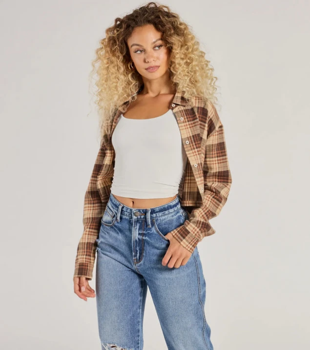 Shop Plaid Crop Top with Casual Button-Up Design