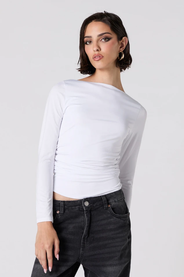 Shop Elegant Ruched Long Sleeve Top with Contour Boat Neck