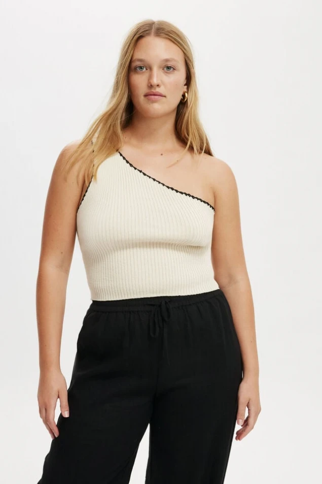 Shop One-Shoulder Ribbed Top with Crochet Trim