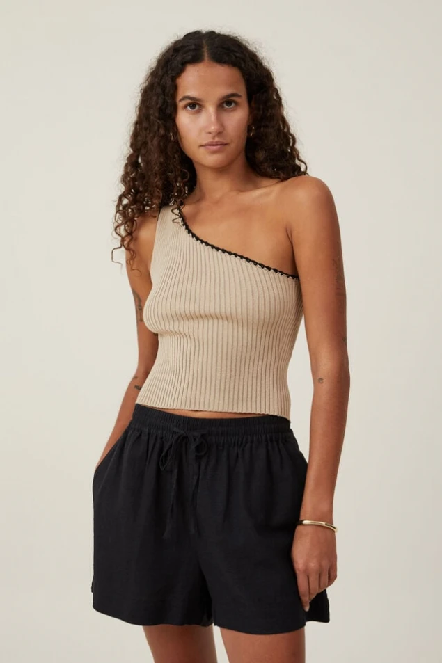 Shop One-Shoulder Ribbed Top with Crochet Trim