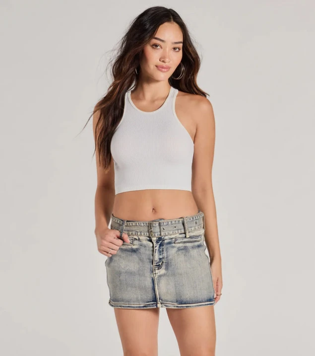 Shop Adorable Mid-Rise Belted Denim Mini Skort