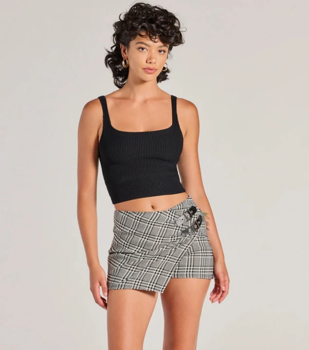 Shop Adorable Plaid Mini Skort with Buckle Detail