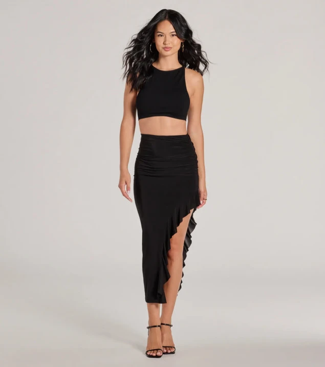 Shop High-Rise Side Ruffle Midi Skirt with Dancing Moves