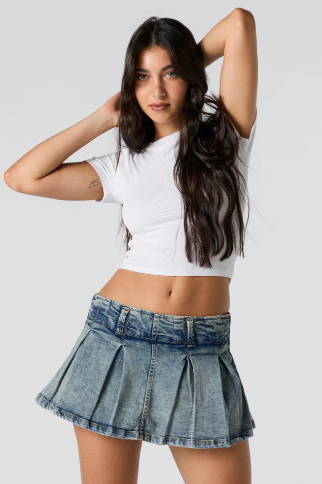 Shop Pleated Denim Micro Mini Skort