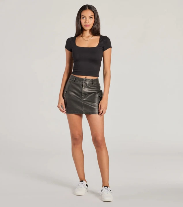 Shop High-Rise Cargo Faux Leather Mini Skort with Edgy Cuteness