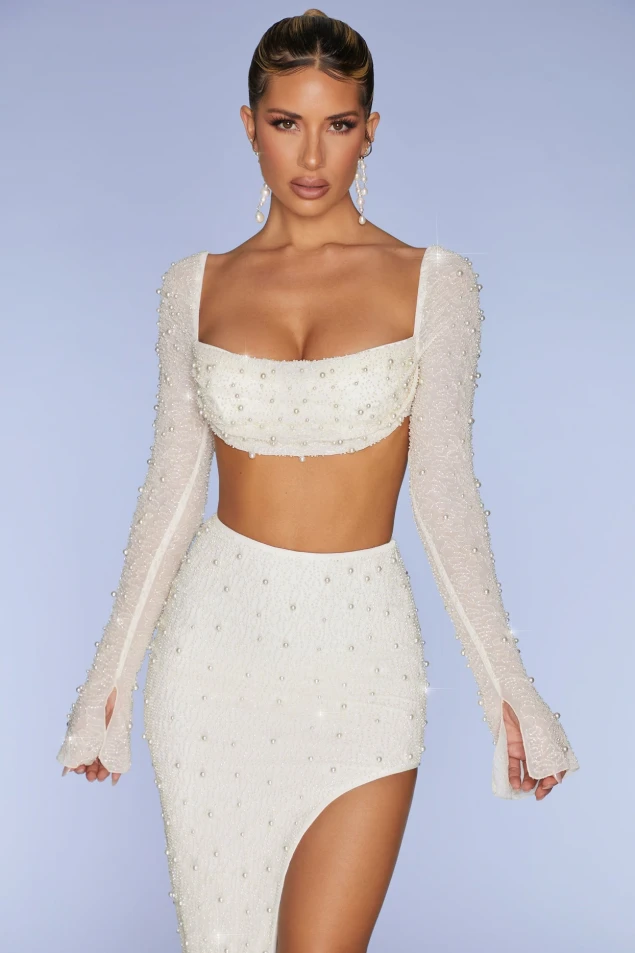 Shop Ivory Embellished Cowl Neck Crop Top