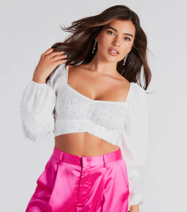 Shop Ethereal Dream Faux Pearl Embellished Crop Top