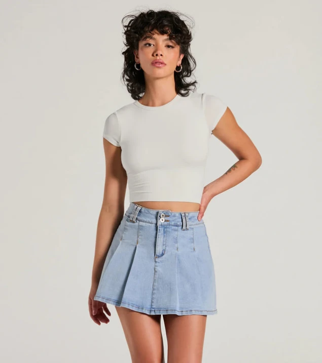 Shop Exquisite Darling High-Waisted Pleated Denim Mini Skirt