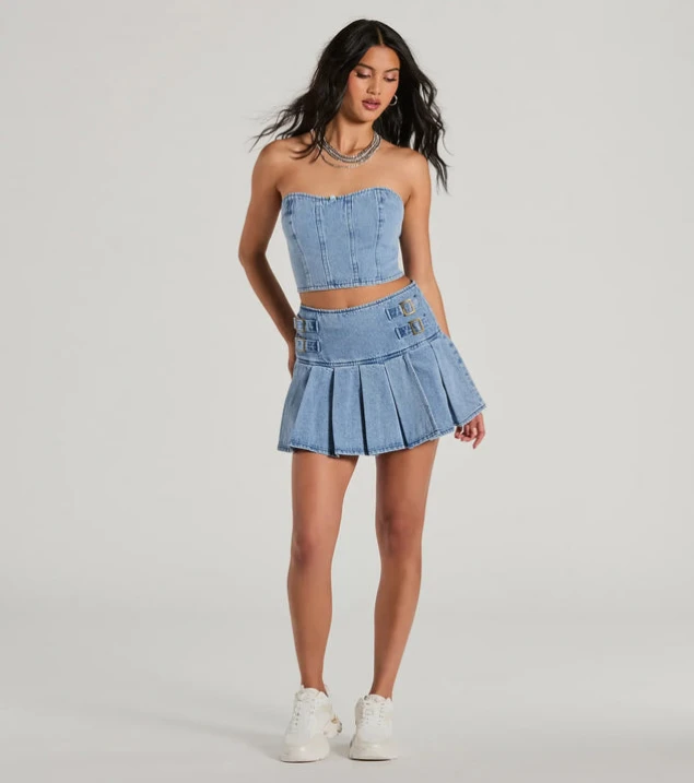 Shop Chic High-Rise Pleated Denim Mini Skirt with Buckle Detailing