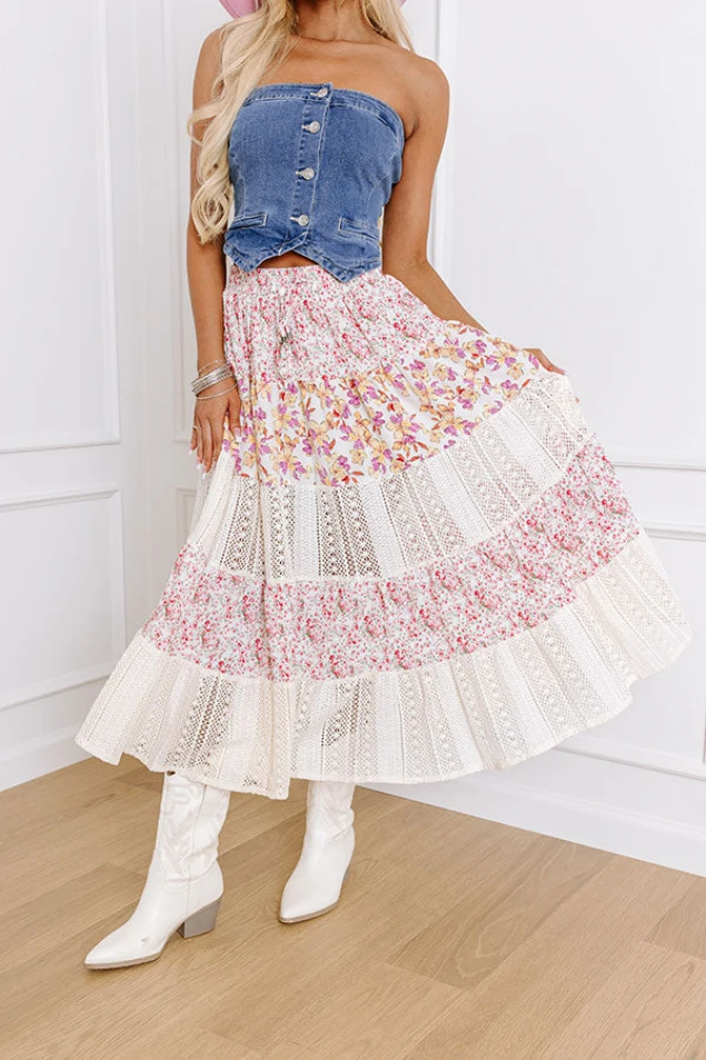 Shop High Waist Midi Skirt with Floral Field Design