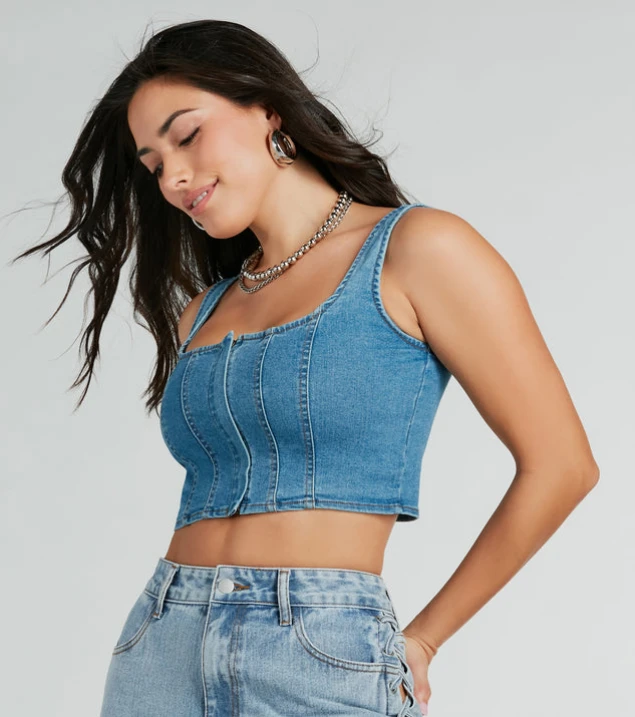 Shop Sleeveless Denim Corset Top in Classic Blue