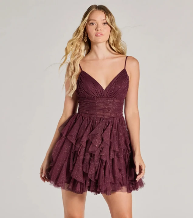 Shop Leanna Glitter Mesh Ruffle Skater Dress