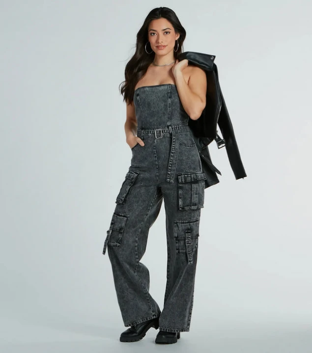 Shop Strapless Acid Wash Cargo Denim Jumpsuit