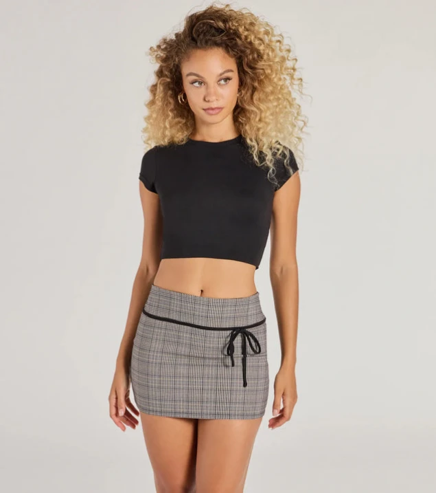 Shop Elegant Plaid Mini Skirt with Bow Trim