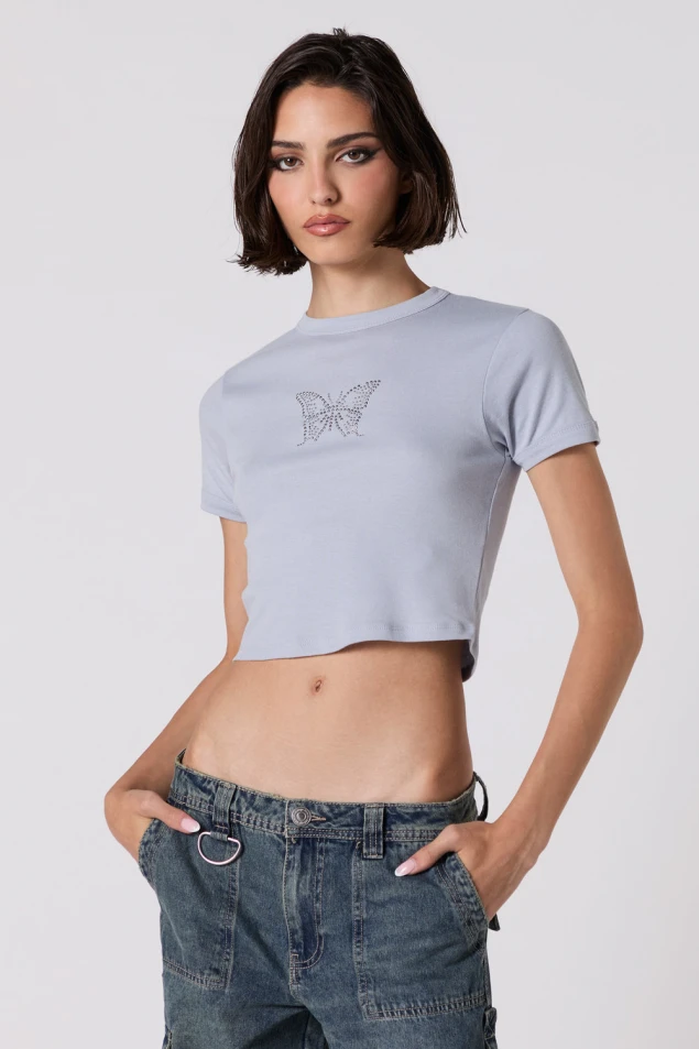 Shop Ribbed Baby T-Shirt with Rhinestone Butterfly Design