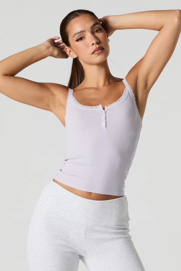 Shop Henley Tank with Ribbed Lace Trim