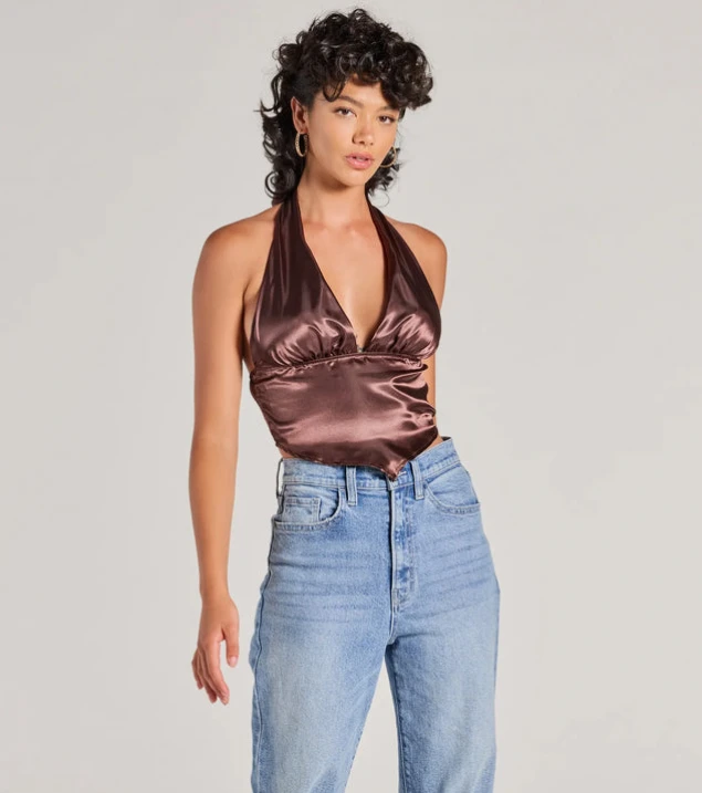 Shop Satin Halter Crop Top with Silky Sleek Finish