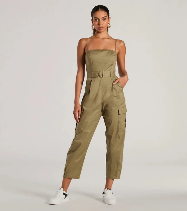 Shop Chic Sleeveless Belted Cargo Crop Jumpsuit for Social Outings