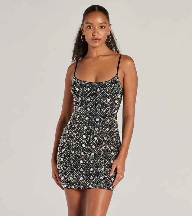 Shop Sophie Mini Dress with Scoop Neck and Rhinestone Faux Pearl Embellishments