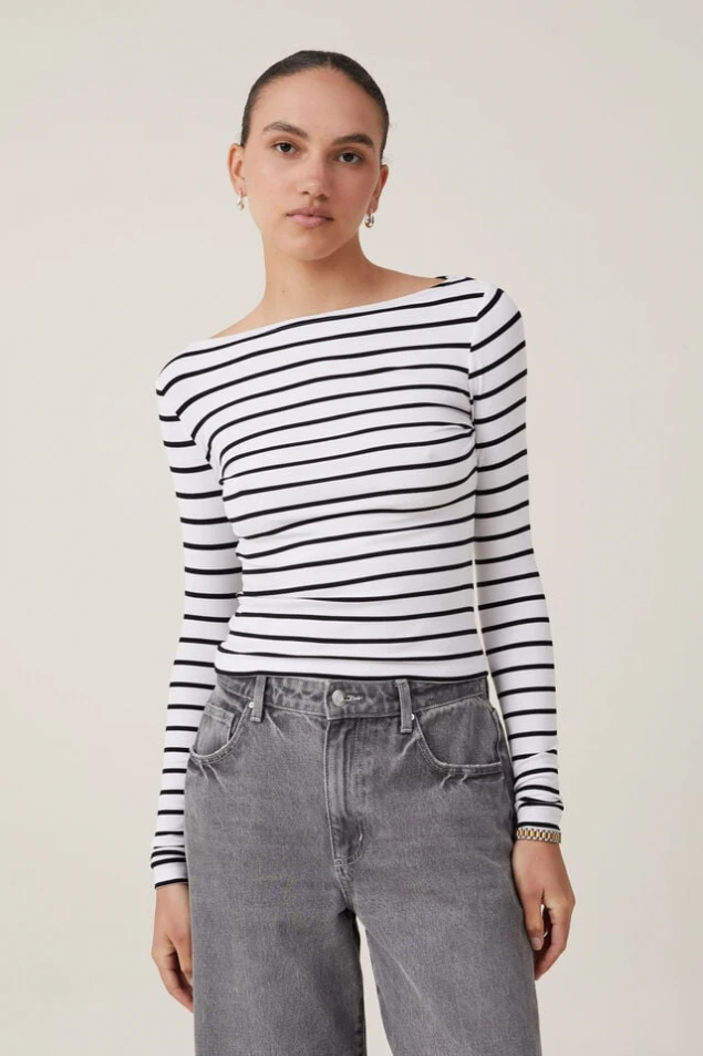 Shop Essential Ribbed Boat Neck Long Sleeve Top