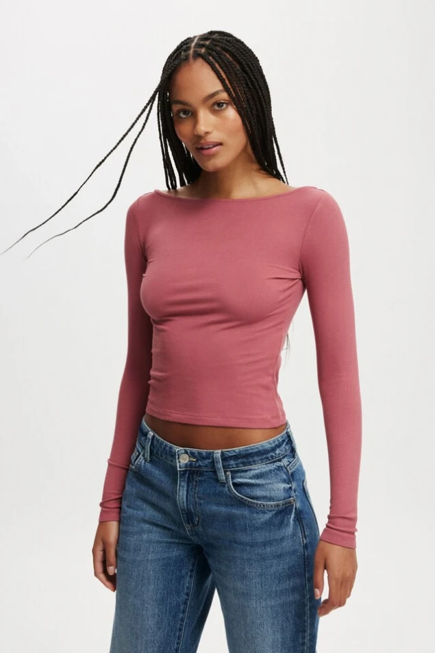 Shop Essential Long Sleeve Ribbed Boat Neck Top