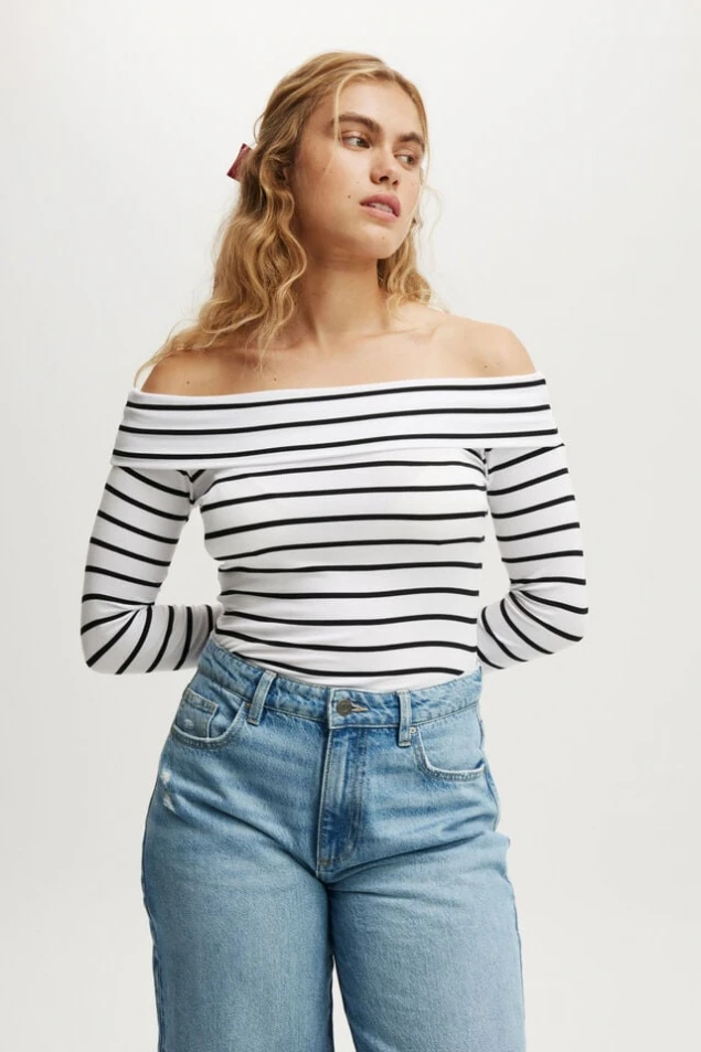 Shop Off-Shoulder Long Sleeve Ribbed Staple Top