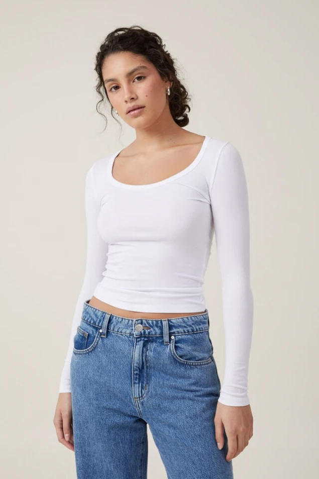 Shop Essential Ribbed Scoop Neck Long Sleeve Top