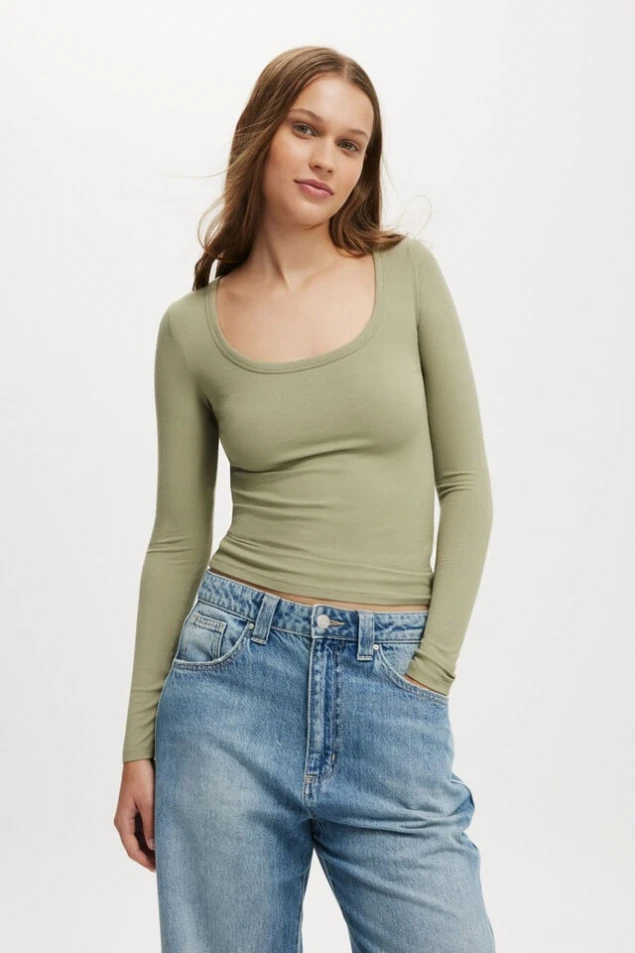 Shop Essential Ribbed Scoop Neck Long Sleeve Top