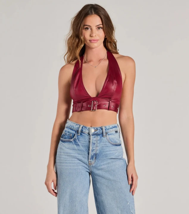 Shop Sultry Plunge Halter Faux Leather Crop Top