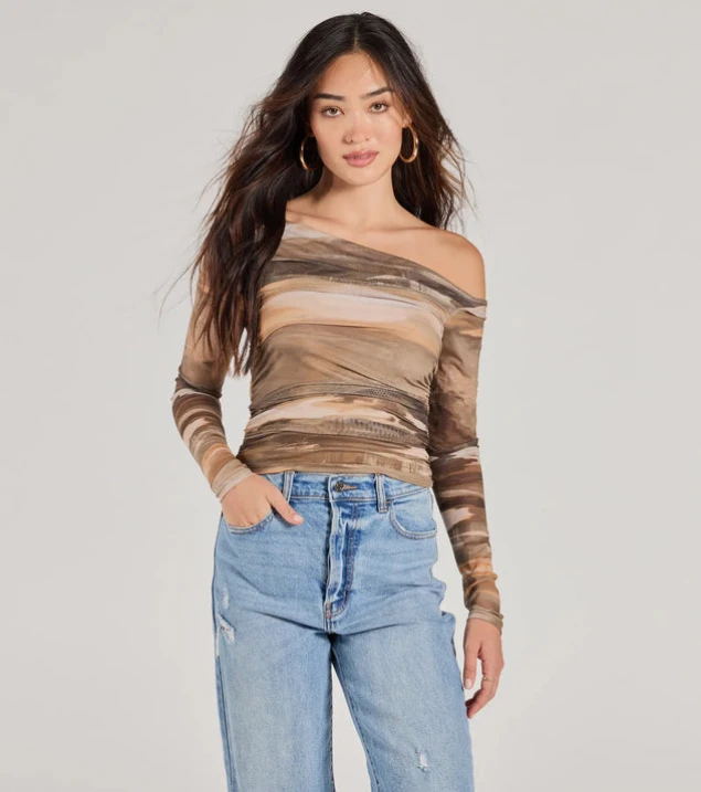 Shop Stylish Off-Shoulder Mesh Top with Abstract Design