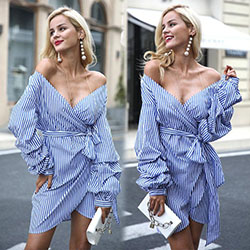 US Party Mini Women's Casual Striped Off Shoulder Dresses Strapless Shirt Summer: 