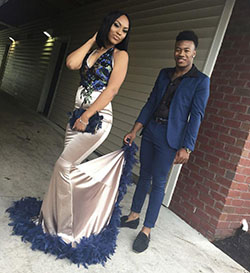 She glows in a satin skirt with navy fluff, and he's dapper in blue!: Backless dress,  Black Couple Homecoming Dresses,  Prom Suit  