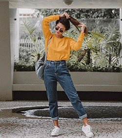 Mom jeans,  Casual wear: Polo neck,  Mom jeans,  Vintage clothing,  Retro style,  Yellow Outfits Girls  