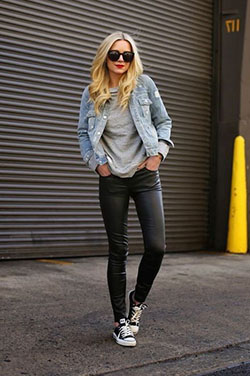 Nice suggestions for jeansjacke und leggings, Leather jacket: Jean jacket,  Leather Pant Outfits  