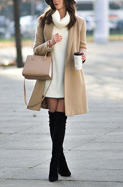 White colour combination with fashion accessory, skirt, coat: White Outfit,  Fashion accessory,  Boot Outfits,  Street Style  