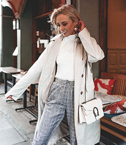 white colour outfit with trench coat, overcoat, jacket: Trench coat,  White coat,  White Jacket,  Nicola Hughes,  Wool Coat  