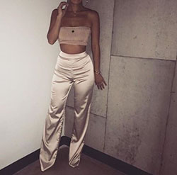 Colour outfit ideas 2020 champagne satin bukser, satin trousers, satin pants, crop top: Crop top,  White Outfit,  Silk Pant Outfits  
