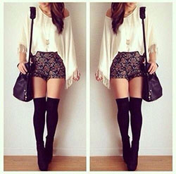 High waisted shorts and thigh highs: Crop top,  High-Heeled Shoe,  T-Shirt Outfit,  Knee highs,  Thigh High Socks  
