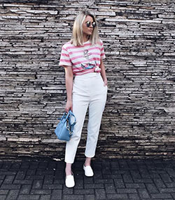 Turquoise and white outfit with trousers, shorts, denim: T-Shirt Outfit,  Street Style,  Turquoise And White Outfit,  Boating Outfits  
