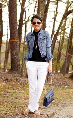 Outfit black linen pants womens: Jean jacket,  T-Shirt Outfit,  Linen Pants,  Street Style,  White And Blue Outfit,  Linen Trousers  