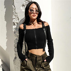 Off shoulder black crop top long sleeve: Crop top,  T-Shirt Outfit,  Black Outfit,  Bandeau Dresses,  Off Shoulder,  Long Sleeve  