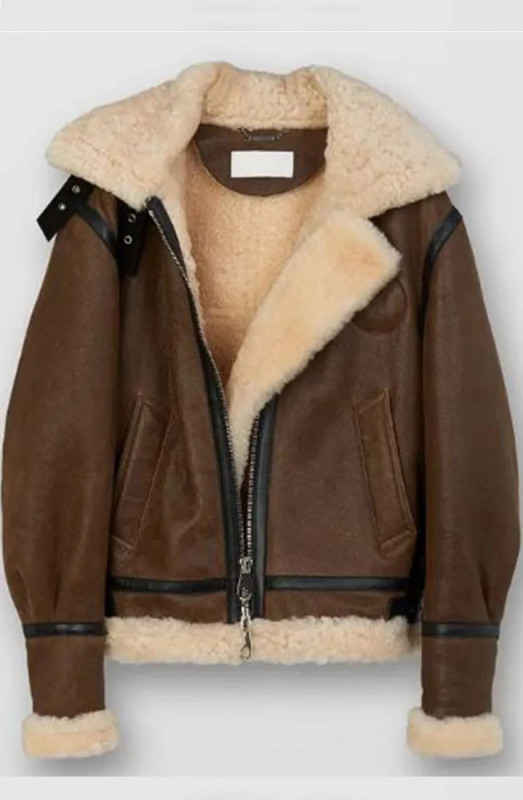 Womens Shearling Fur Brown Leather Jacket: 