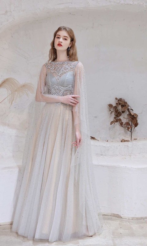 Bedazzled Long Grey Prom Cloak Dresses KSP601: 