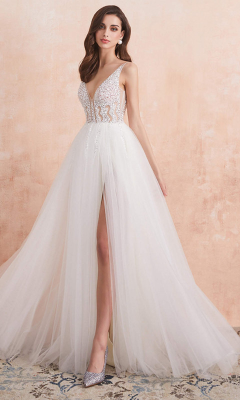 White Embellished Long Slit Prom Dresses with Straps KSP616: 