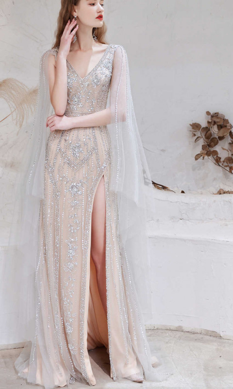 Sparkly Sequined Slit Prom Dresses with Removable Cape: 