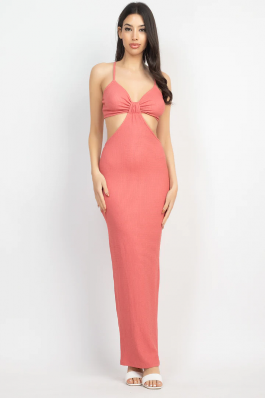 Rose Cutout Back Slit V-neck Maxi Dress: 