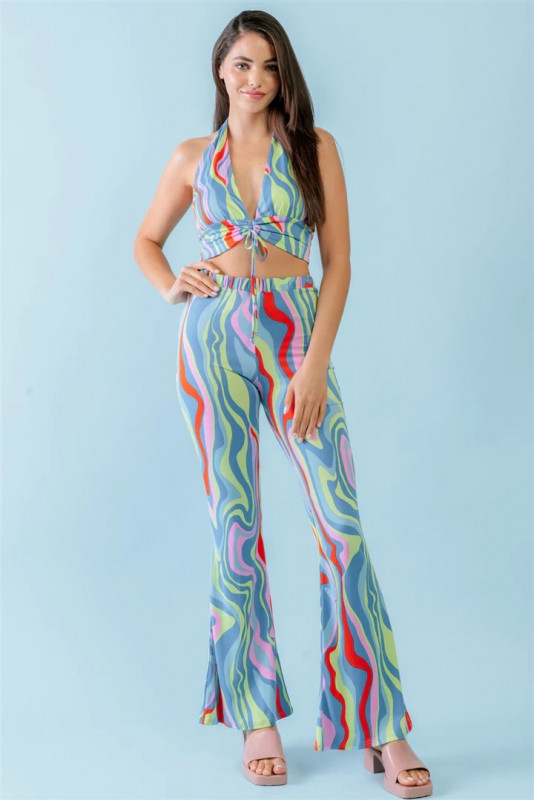 V-neck Ruched Open Back Crop Top & High Waist Pants Set: 
