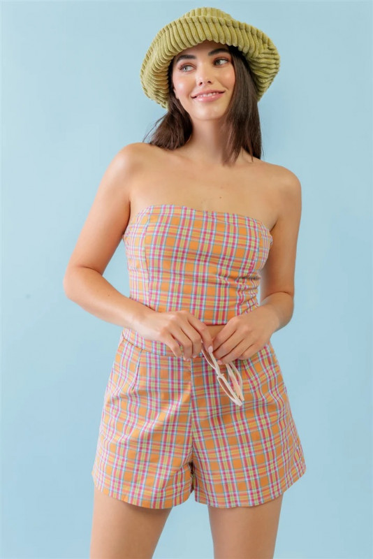 Orange & Aqua Plaid Print Cotton Strapless Crop Top & High Waist Two Pocket Shorts Set: 