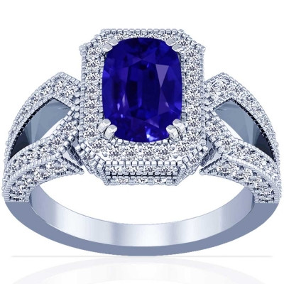 Halo Ring Featuring Cushion Blue Sapphire and Round Diamonds (2.59cttw): 